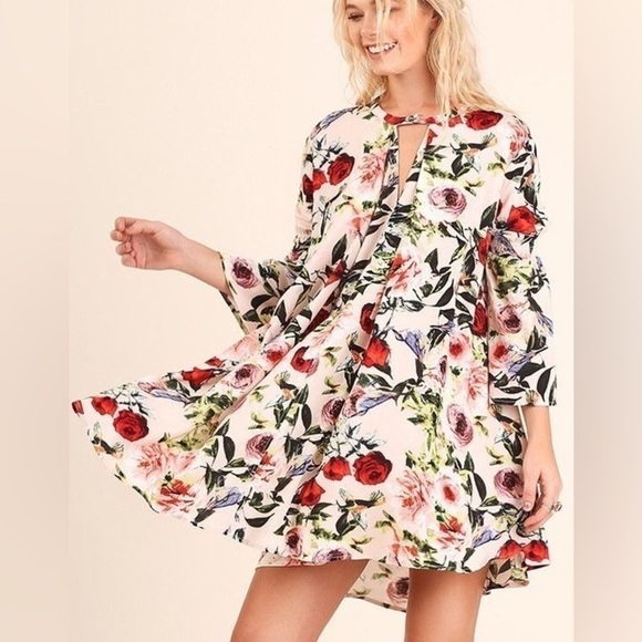 Umgee Women's Boho Floral Bohemain Keyhole Chic 3/4 Bell Sleeve Dress Size Med - Picture 6 of 6